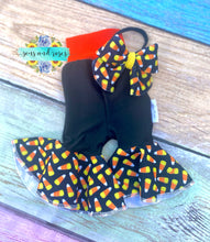 Load image into Gallery viewer, 3-6 Months candy corn Bella bell bottoms and matching Aylissa bow
