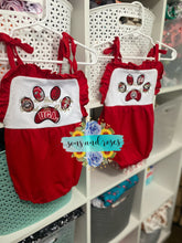 Load image into Gallery viewer, “And all God’s people yelled Go Dawgs”  baby sunsuit
