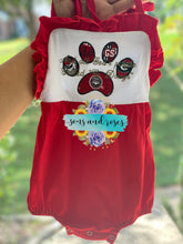 Load image into Gallery viewer, “And all God’s people yelled Go Dawgs”  baby sunsuit
