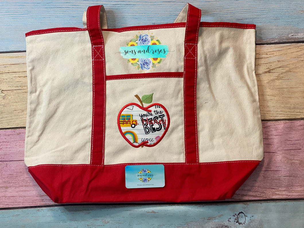 School themed apple customized canvas tote